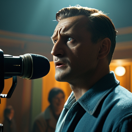 **

"A film set scene. Focus on three-point lighting illuminating an actor expressing strong emotion, with a boom microphone subtly visible overhead. The background is slightly blurred, emphasizing depth of field. Color palette inspired by classic Polish cinema, perhaps a desaturated blue or amber tone. The mood is intense and focused. Directing a film scene."

**