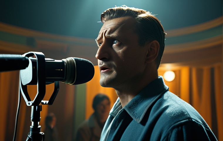 **
"A film set scene. Focus on three-point lighting illuminating an actor expressing strong emotion, with a boom microphone subtly visible overhead. The background is slightly blurred, emphasizing depth of field. Color palette inspired by classic Polish cinema, perhaps a desaturated blue or amber tone. The mood is intense and focused. Directing a film scene."
**