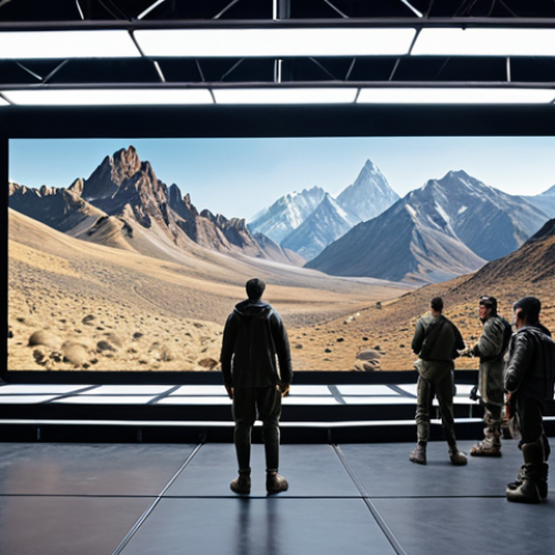 **

A film studio set with actors surrounded by large LED screens displaying a realistic mountain range. The actors are dressed for a chase scene, and the scene evokes a sense of action and adventure, yet all within the confines of a studio.

**