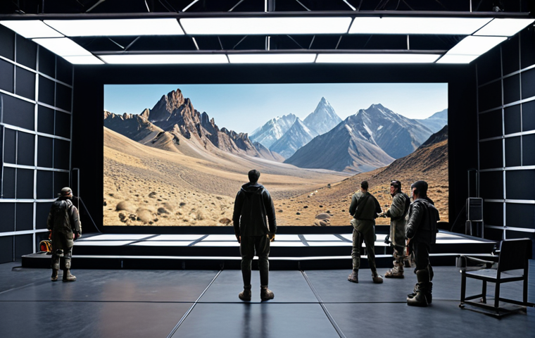 **
A film studio set with actors surrounded by large LED screens displaying a realistic mountain range. The actors are dressed for a chase scene, and the scene evokes a sense of action and adventure, yet all within the confines of a studio.
**